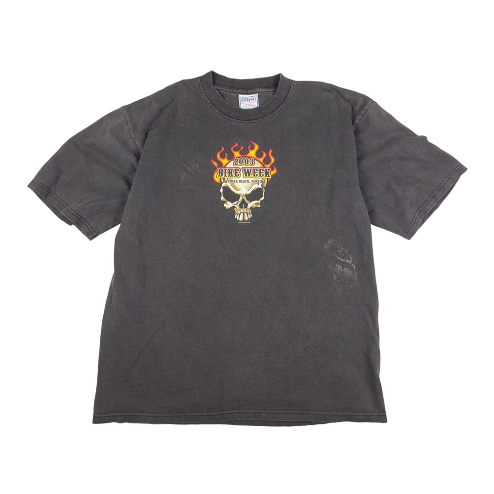 Vintage‎ 2003 Daytona Beach Bike Week T-Shirt All Sport Skull Flames Black Large